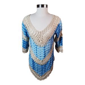 Jessica Taylor NYC Tie Dye Crochet Top Shirt Blouse Blue Cream One Size V Bottom